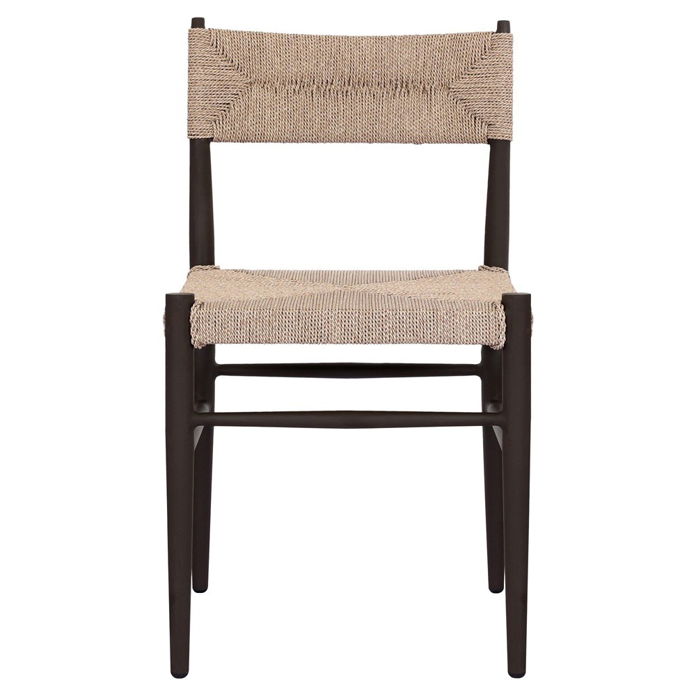 Mable Coastal Beach Beige Wicker Black Steel Outdoor Dining Chair|