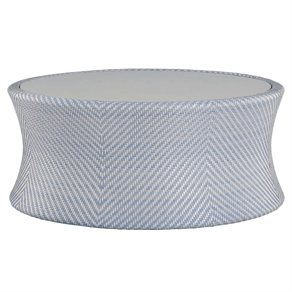 Bari Coastal Beach Blue Wicker Chevron Round Outdoor Coffee Table|