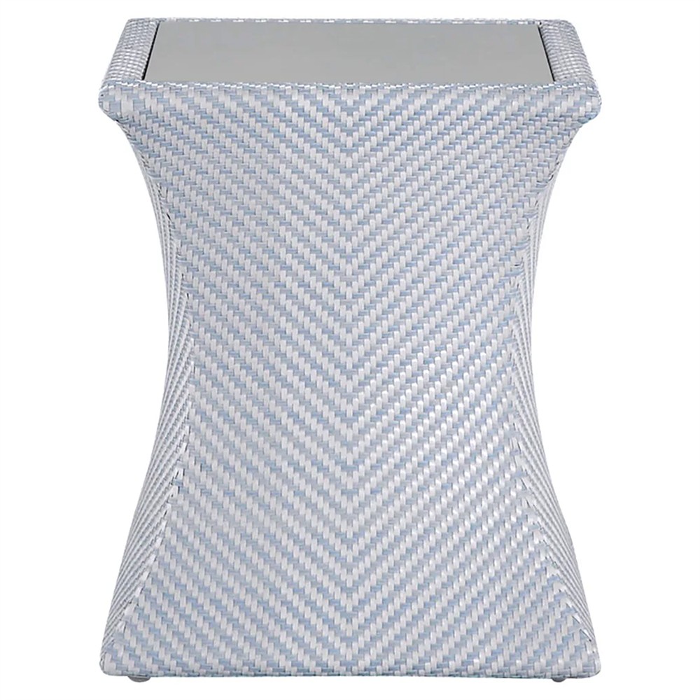 Bari Coastal Beach Blue Wicker Chevron Square Outdoor End Table|