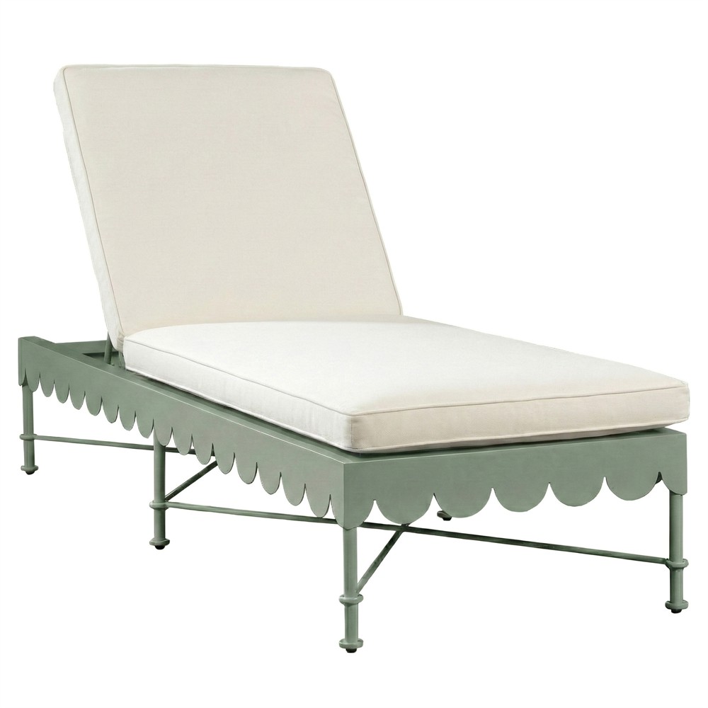 Delphine French Country White Sunbrella Green Aluminum Scalloped Outdoor Chaise|