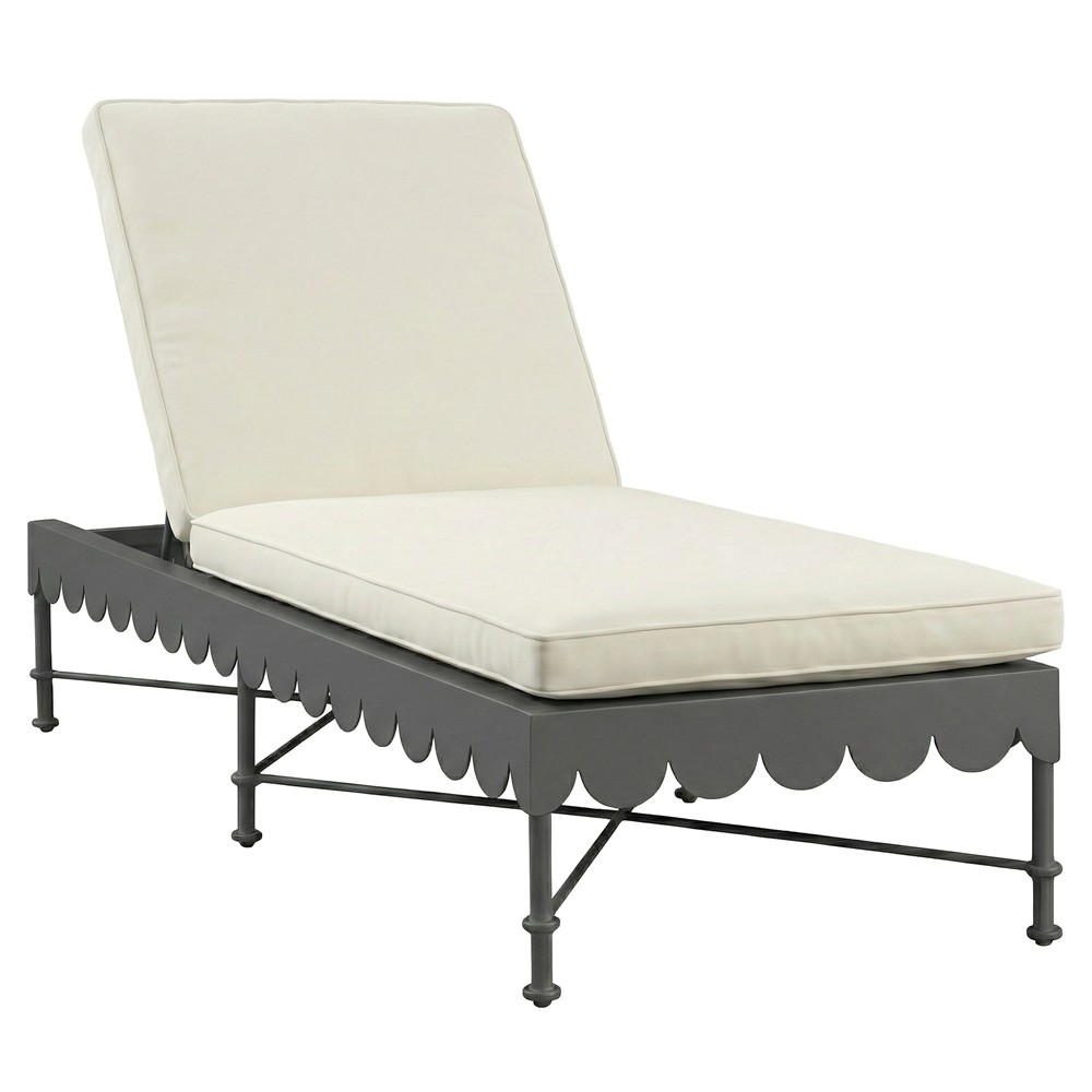 Delphine French Country White Sunbrella Black Aluminum Scalloped Outdoor Chaise|