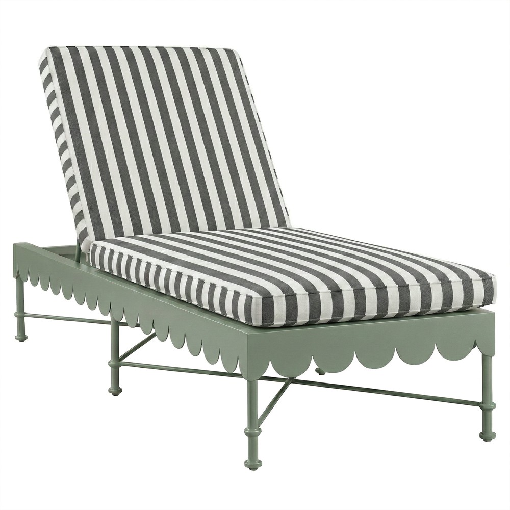 Delphine French Black Striped Sunbrella Green Aluminum Scalloped Outdoor Chaise|