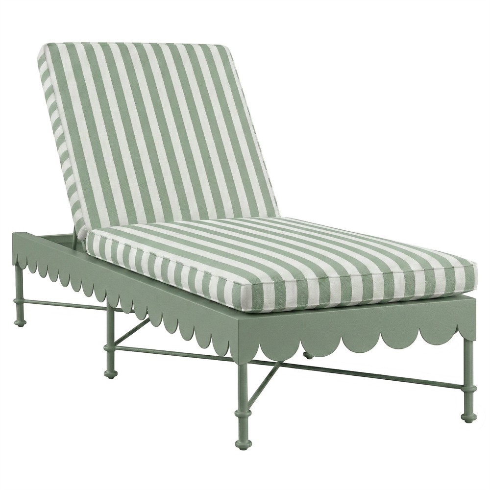 Delphine French Green Striped Sunbrella Aluminum Scalloped Outdoor Chaise|