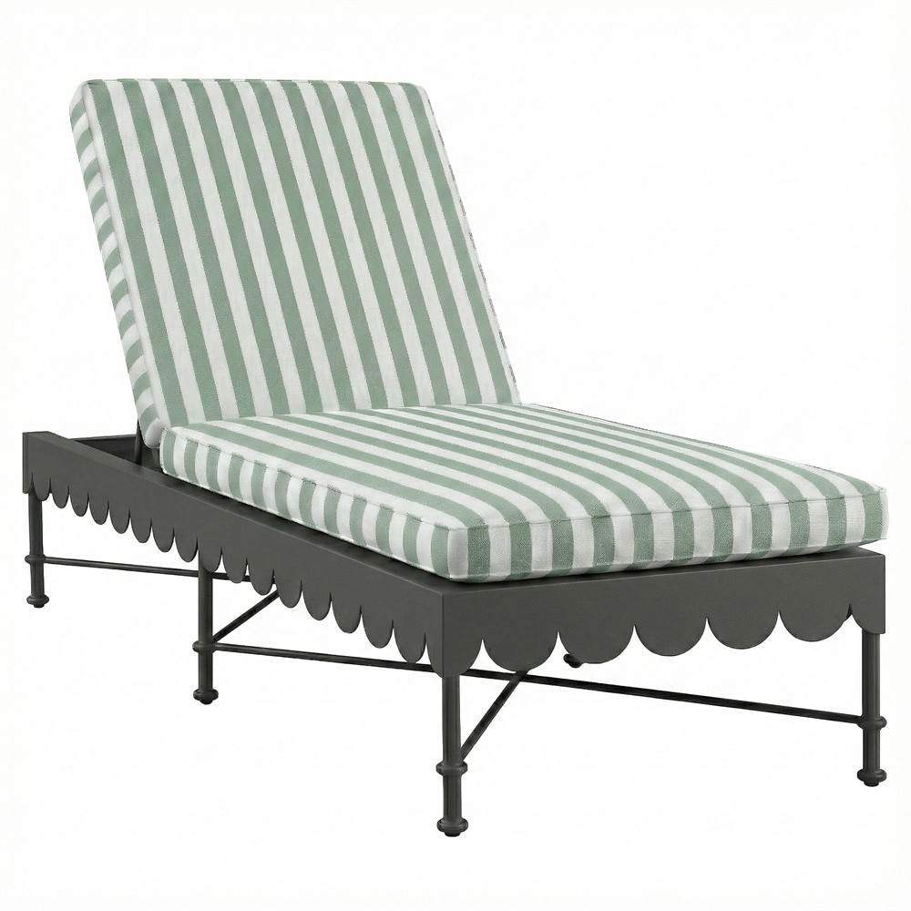 Delphine French Green Striped Sunbrella Black Aluminum Scalloped Outdoor Chaise|