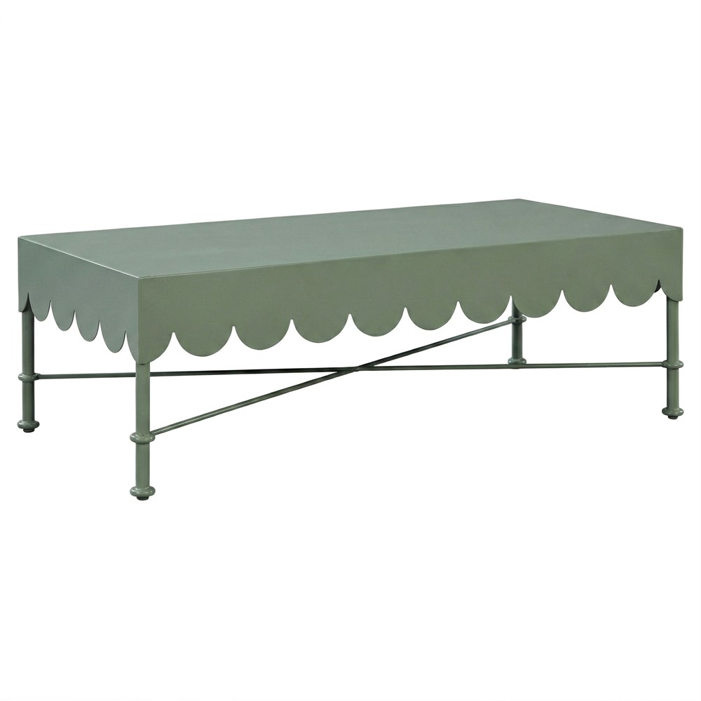 Delphine French Green Aluminum Scalloped Rectangular Outdoor Coffee Table|
