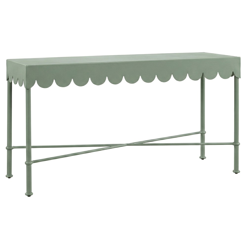 Delphine French Green Aluminum Scalloped Rectangular Outdoor Console Table|