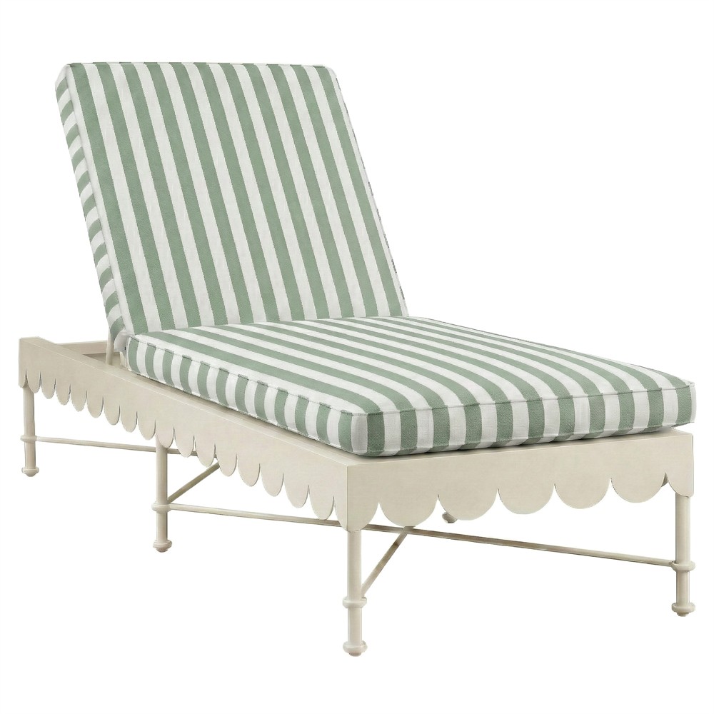 Delphine French Green Striped Sunbrella White Aluminum Scalloped Outdoor Chaise|