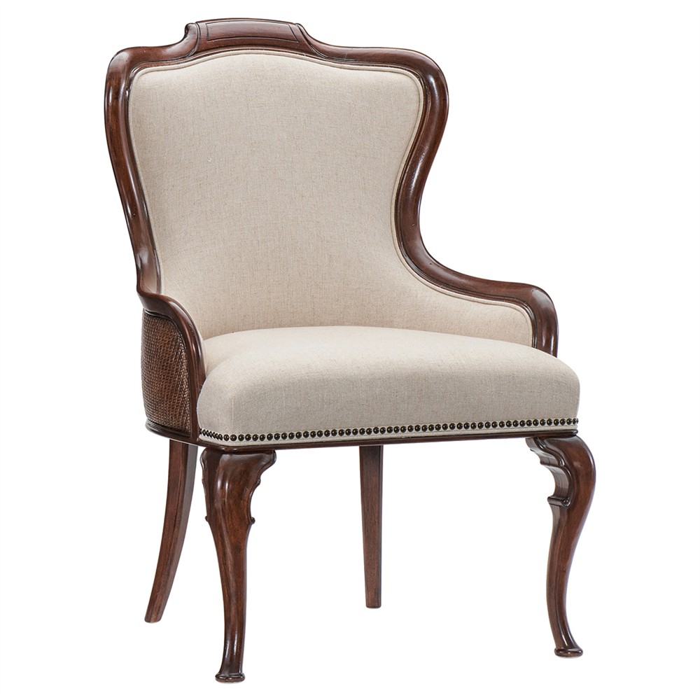 Harry Updated Traditional Beige Upholstered Cherry Wood Dining Arm Chair|