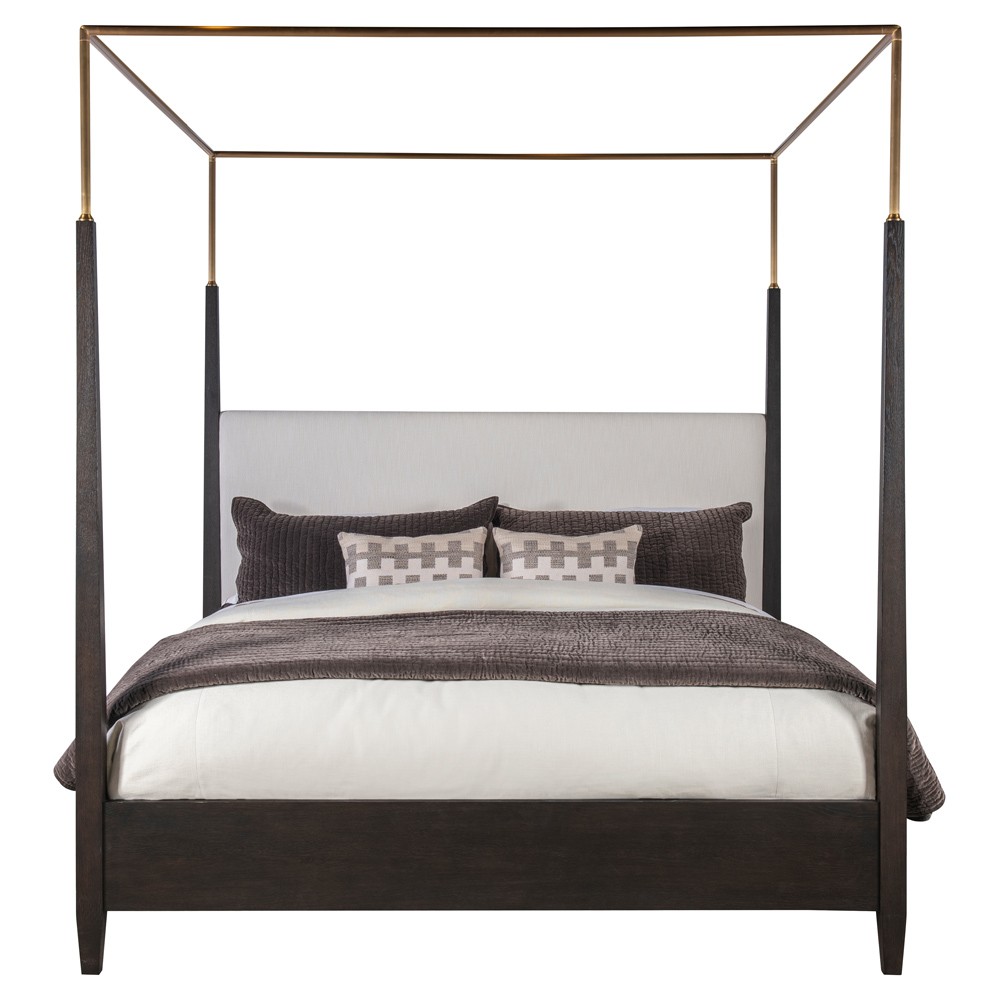 Century Cadence Modern Classic Beige Linen Mocha Oak Canopy Bed - King|