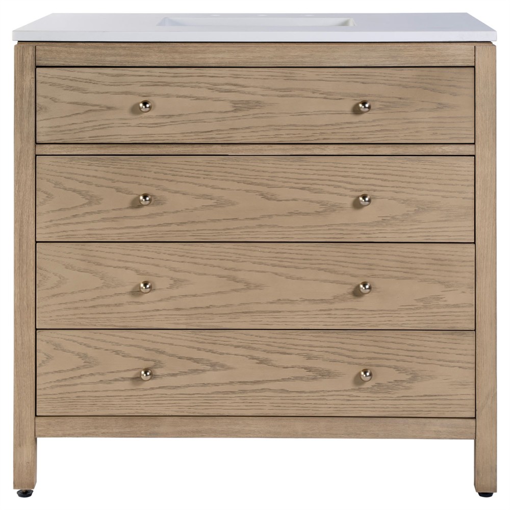 Svea Modern Classic White Quartz Light Brown Wood Single Vanity Sink - 36"|