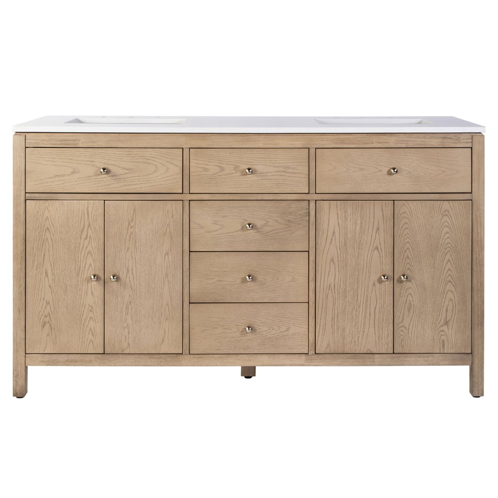 Svea Modern Classic White Quartz Light Brown Wood Double Vanity Sink - 60"|