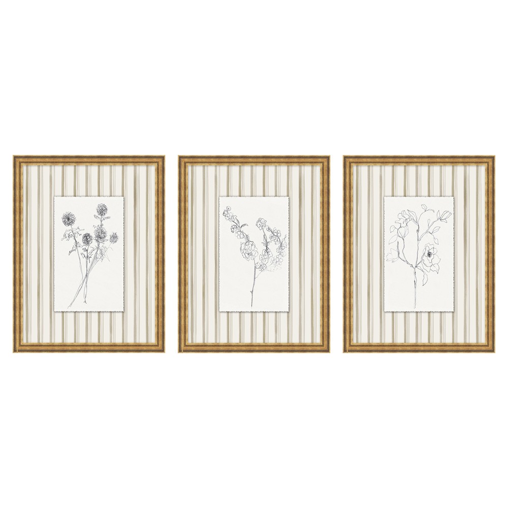 Islaine French Country Black Floral Antique Gold Frame Triptych Illustration|