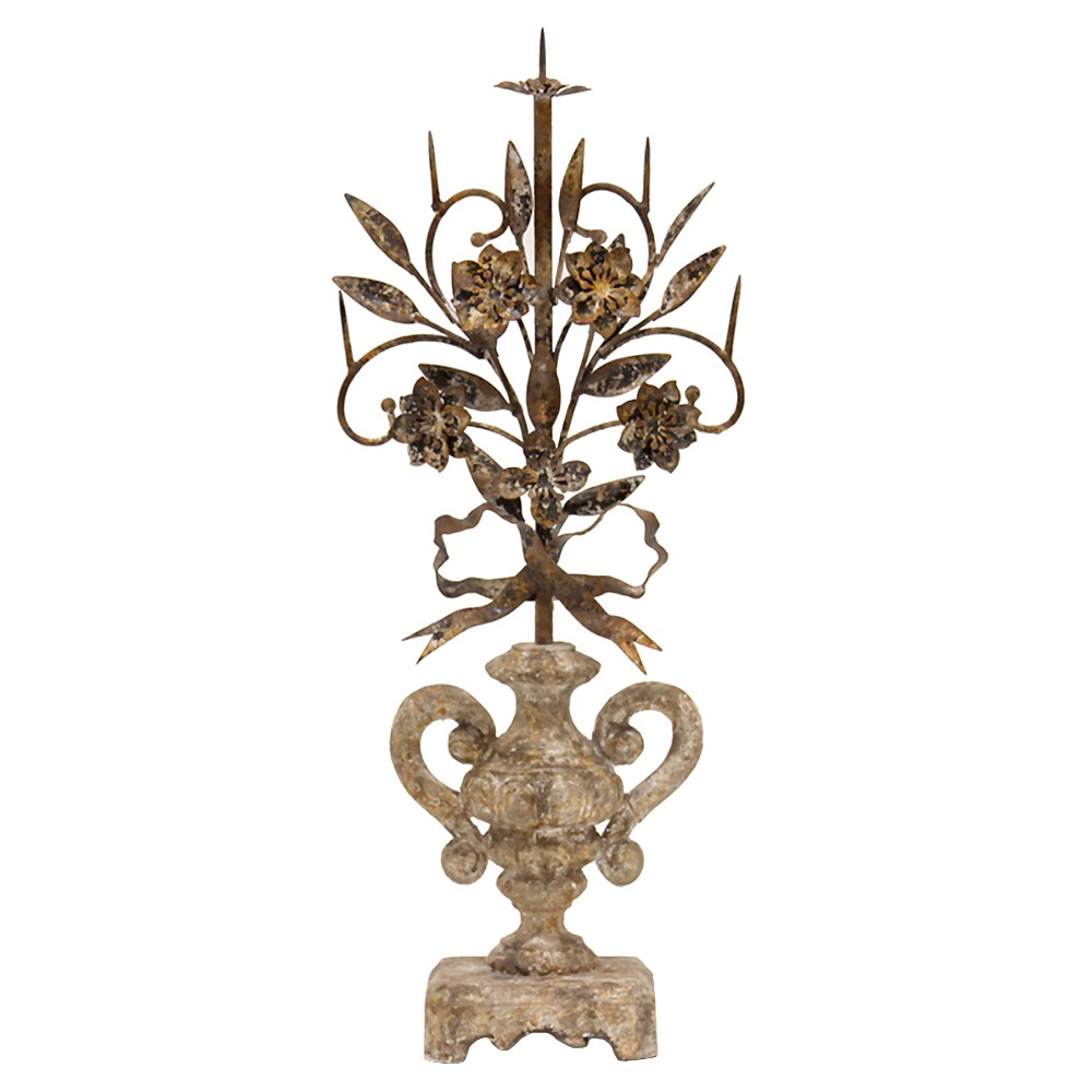 Evanya French Country Distressed Beige Wood Rustic Iron Girandole Sculpture|