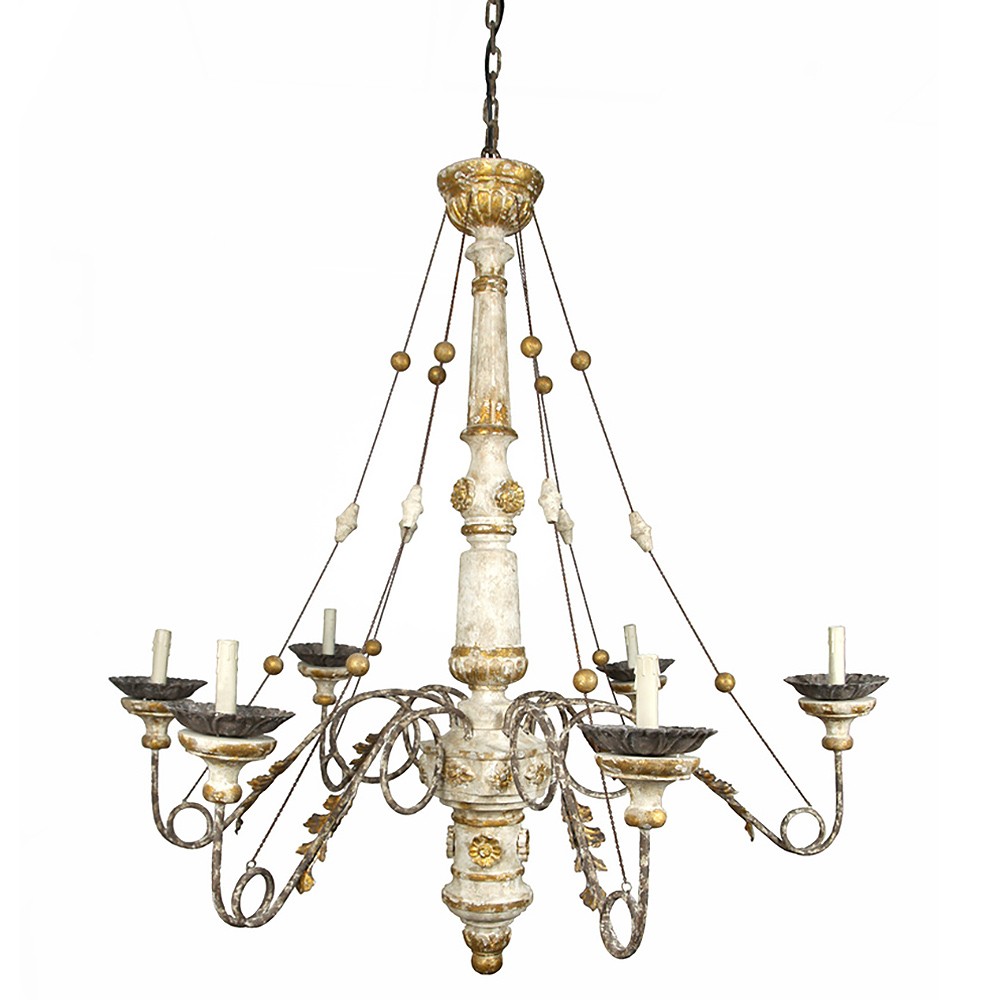 Veronica French Country Distressed White Wood Candle Style Chandelier|