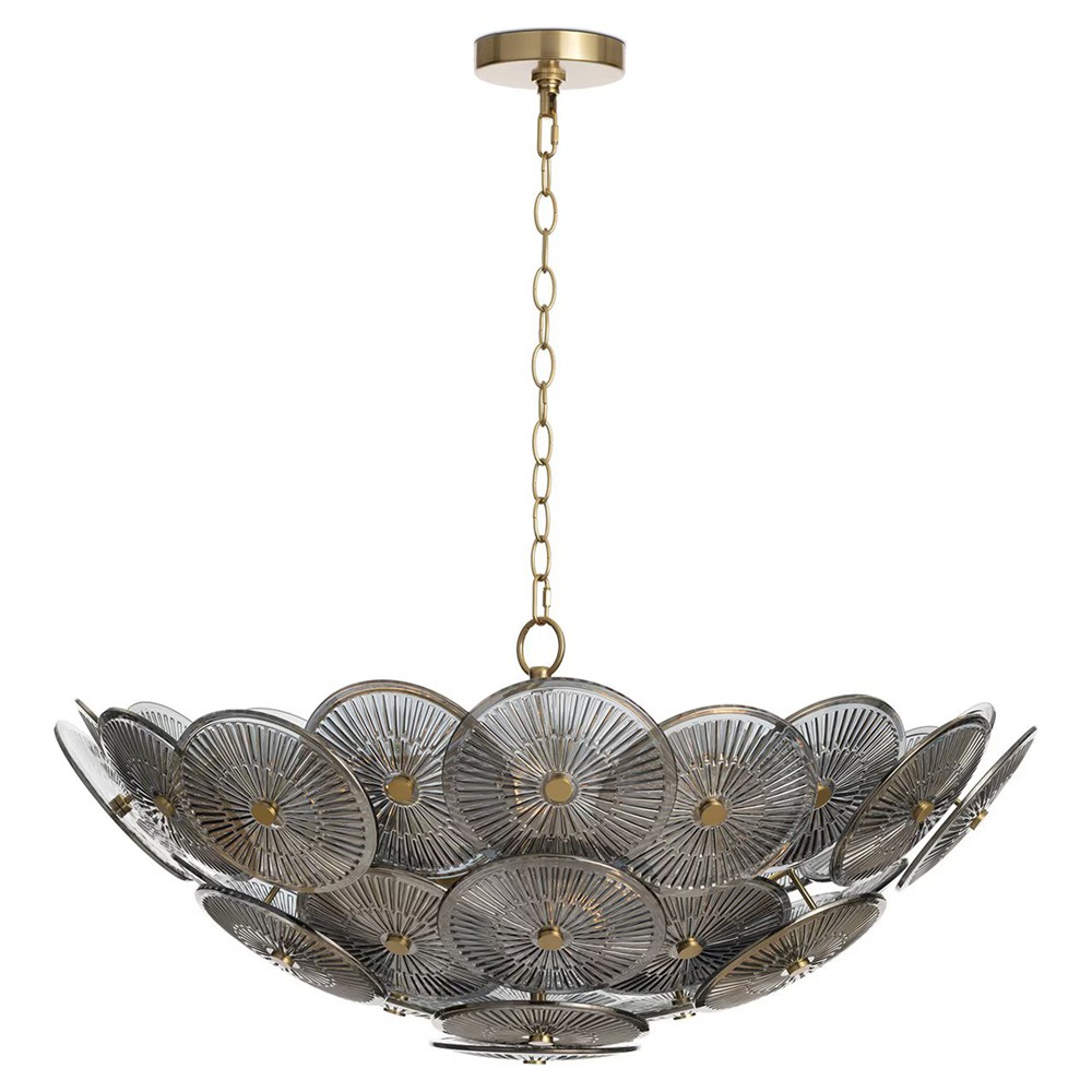 Holly Updated Traditional Smoke Glass Medallions Natural Brass Chandelier|