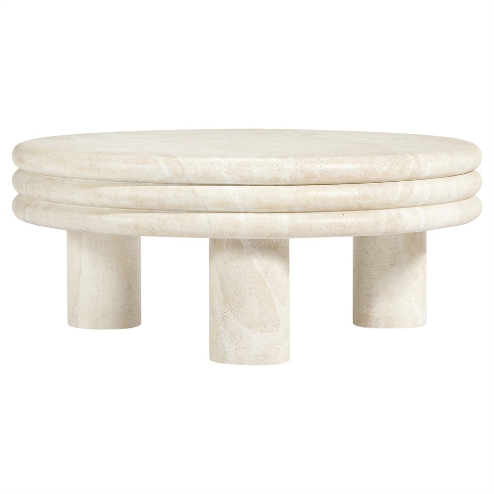 Brittny Modern Classic Beige Faux Travertine Round Outdoor Coffee Table|