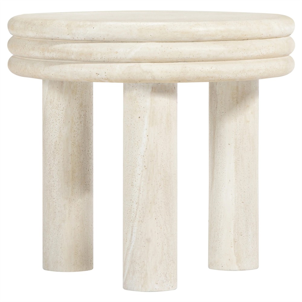 Roma Modern Classic Beige Faux Travertine Round Outdoor End Table|