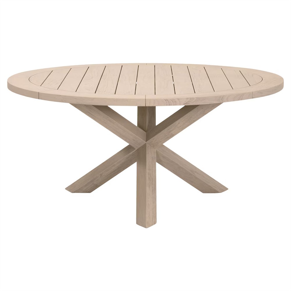 Olaide Coastal Beach Washed Teak Round Outdoor Dining Table - 63"|