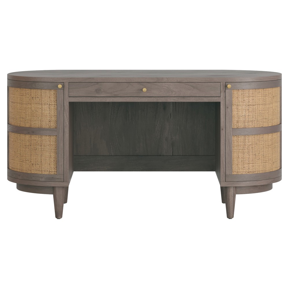 Noah Modern Classic Natural Woven Cane Grey Oak Oval Desk|