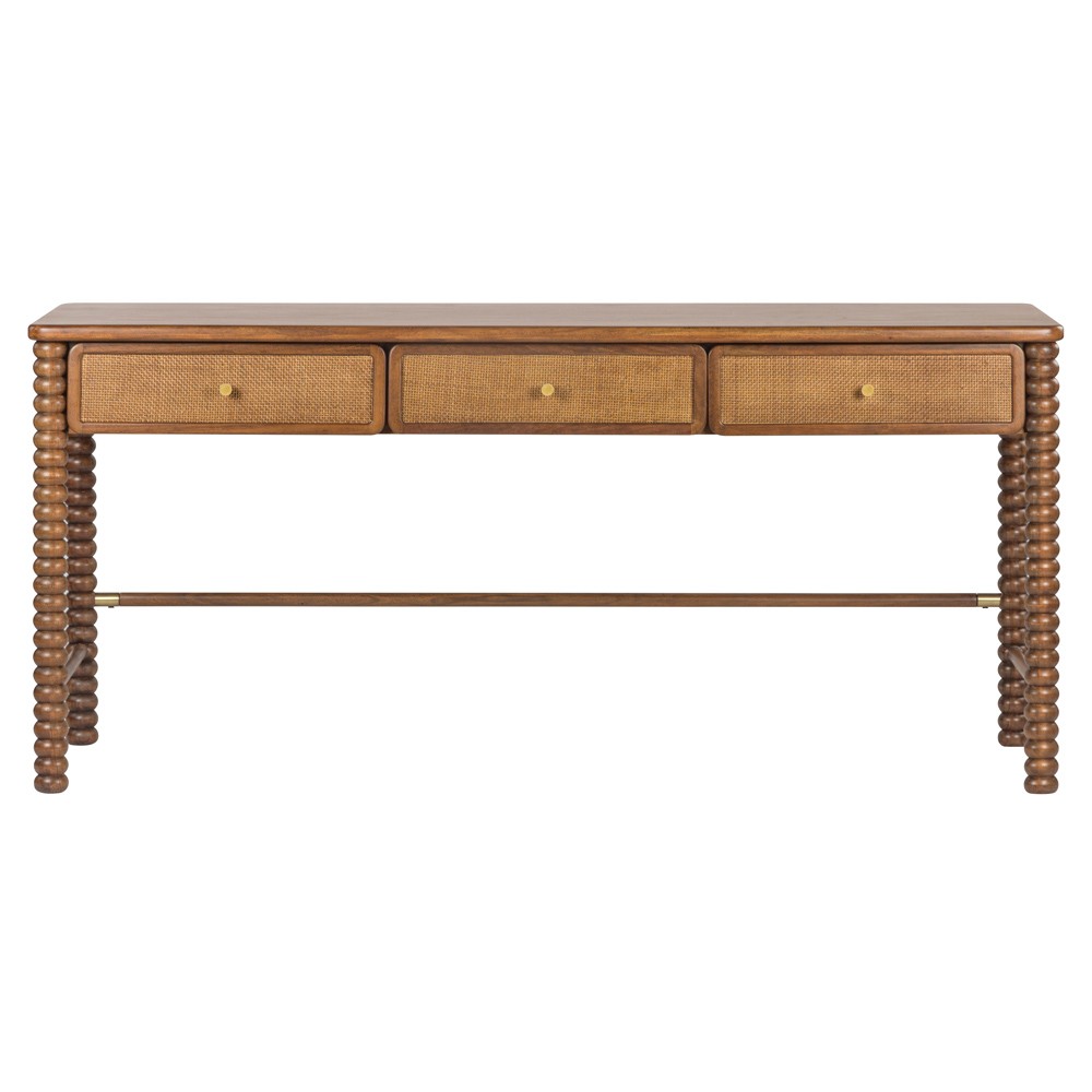 Tobi Updated Traditional Natural Woven Cane Brown Acacia Wood Spindle Desk|