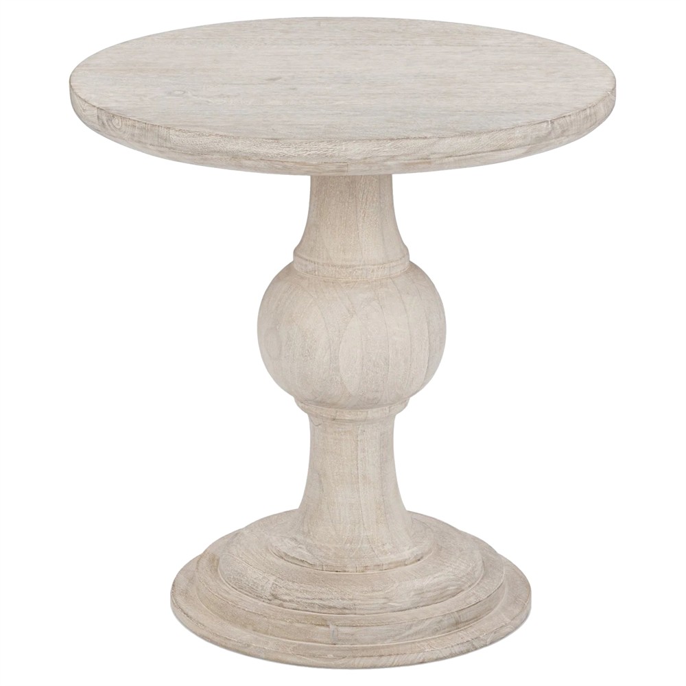 Beatrix Updated Traditional White Washed Mango Wood Round Pedestal End Table|