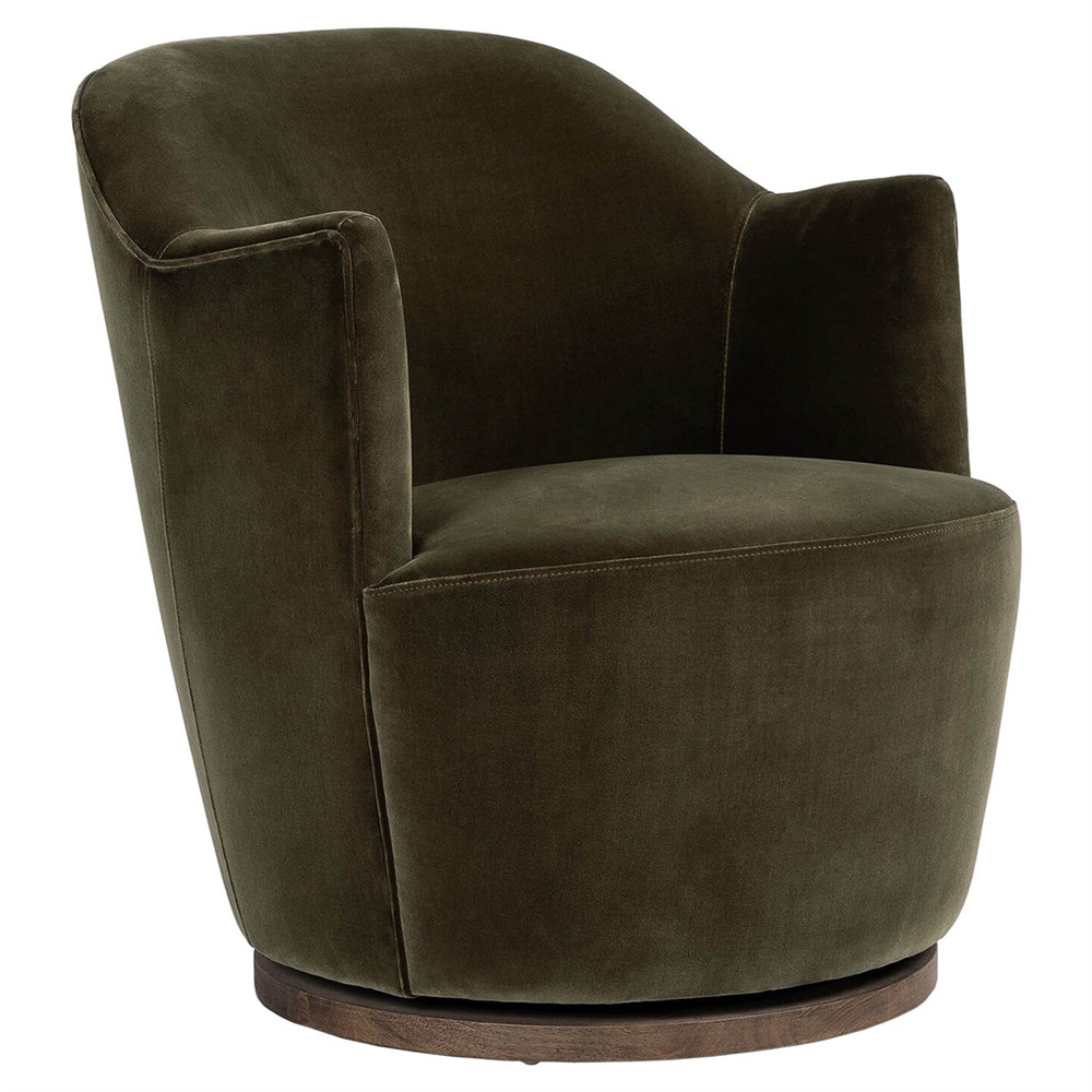 Samuel French Olive Green Velvet Performance Brown Wood Swivel Arm Chair|
