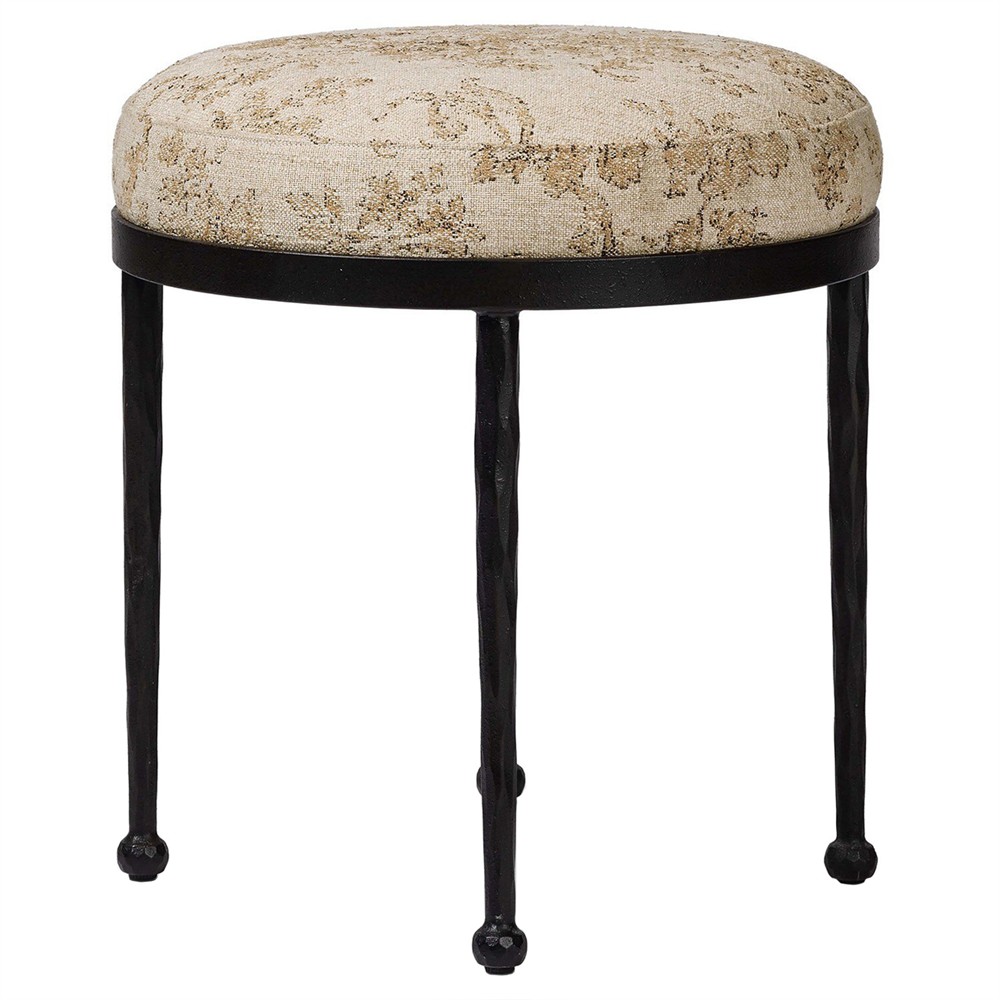 Calix French Country Beige Printed Black Iron Accent Stool|