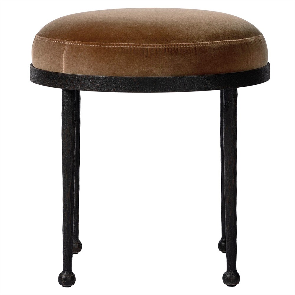 Calix French Country Brown Velvet Performance Black Iron Accent Stool|