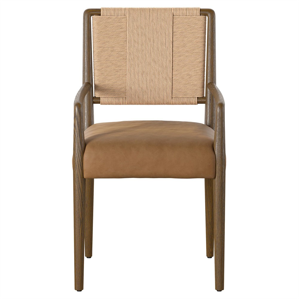 Ronan Coastal Beach Brown Leather Woven Rush Dining Arm Chair|