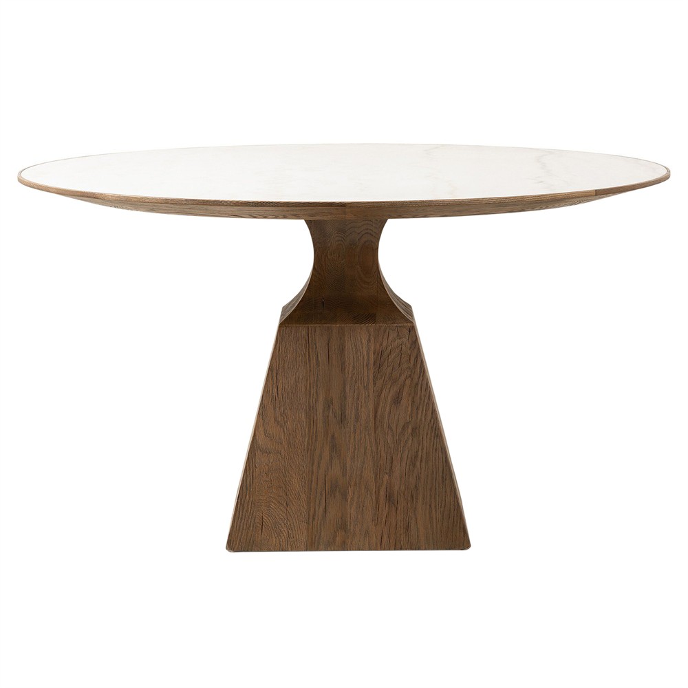 Aiden Modern Classic White Marble Brown Oak Round Dining Table - 53"|