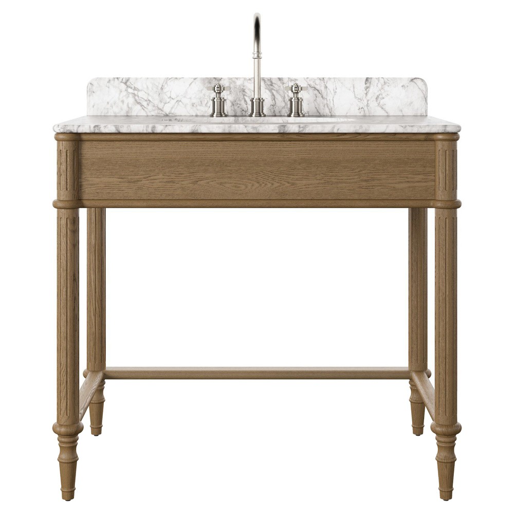 Tacorey Updated Traditional White Marble Washed Oak Washstand|