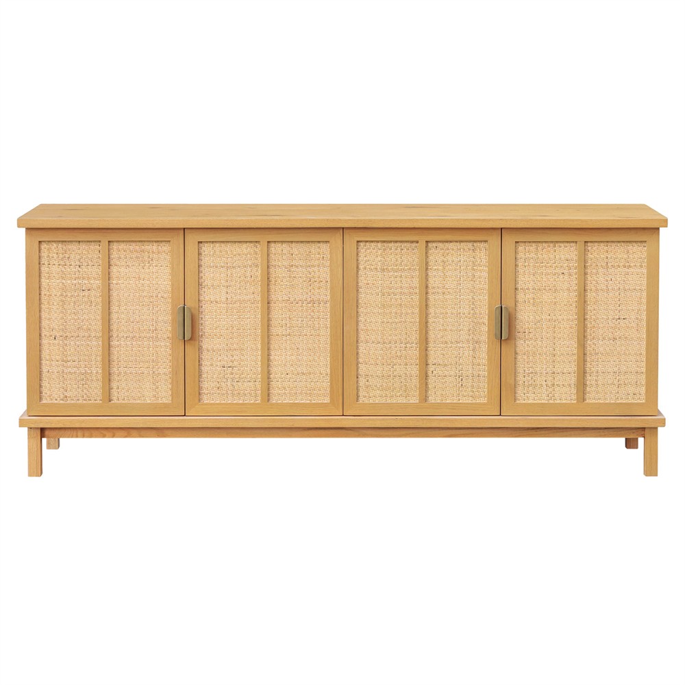 Emory Coastal Beach Natural Oak Woven Rattan Media Cabinet - 75"|