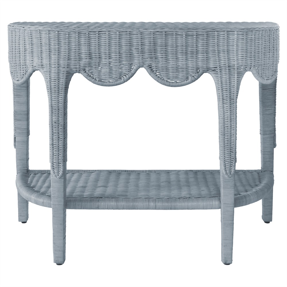 Worlds Away Paloma Blue Woven Rattan Scalloped Demilune Console Table|