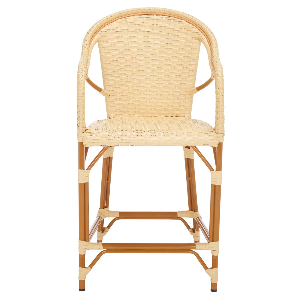 Hayden Coastal Beach Beige Woven Faux Wicker Outdoor Counter Stool|