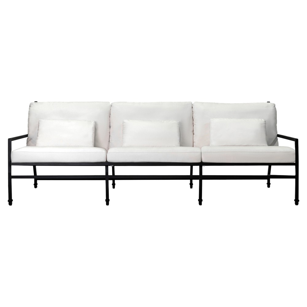 Eterna Updated Traditional Cream Upholstered Black Aluminum Outdoor Sofa - 100"|
