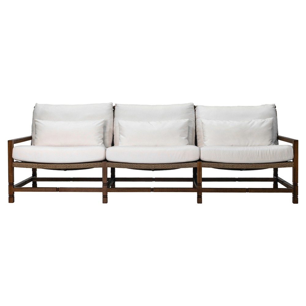 Vaterra Traditional Cream Upholstered Woven Rattan Brown Teak Outdoor Sofa - 104"|