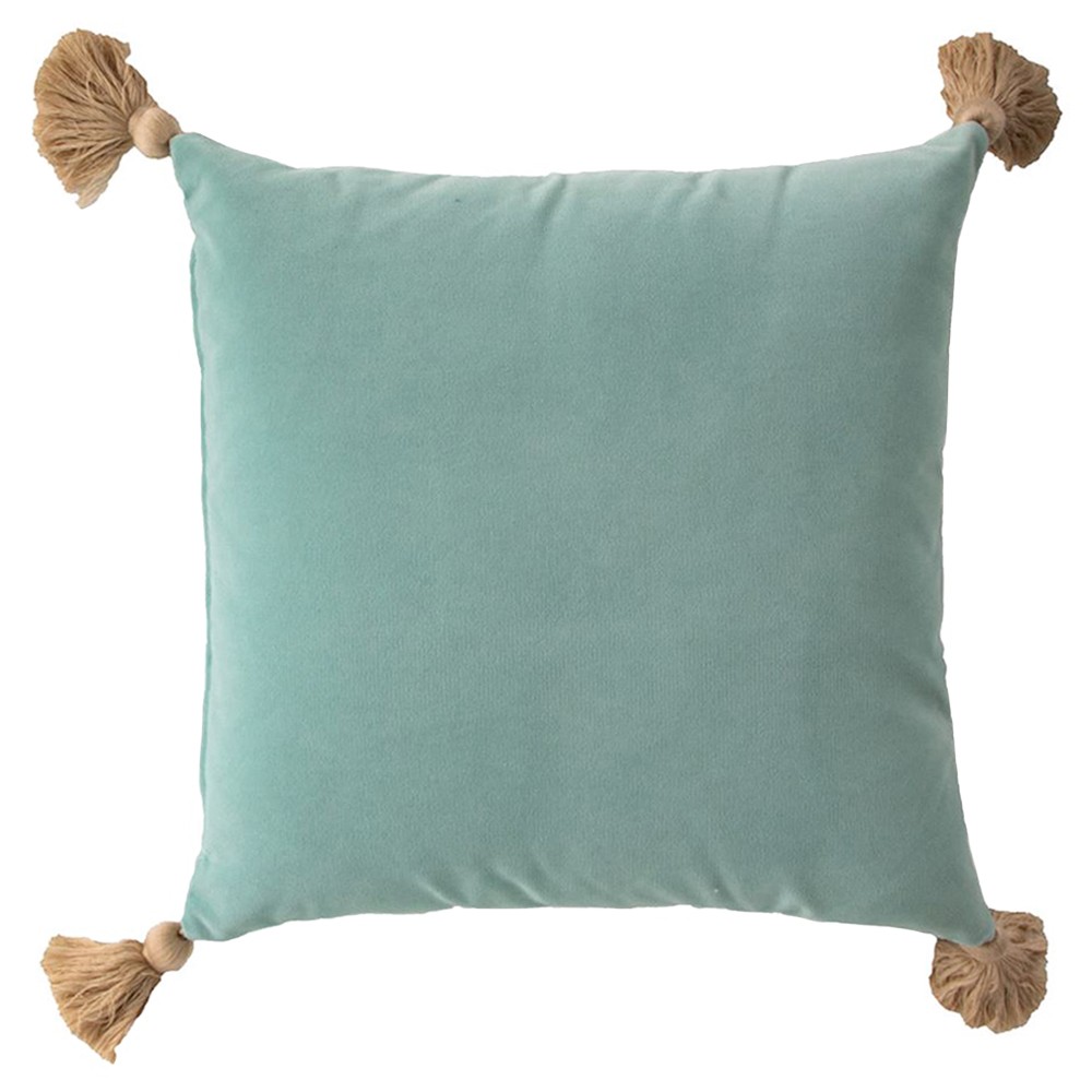 Jules Modern Mist Blue Velvet Indoor Outdoor Tassel Throw Pillow - 20x20|
