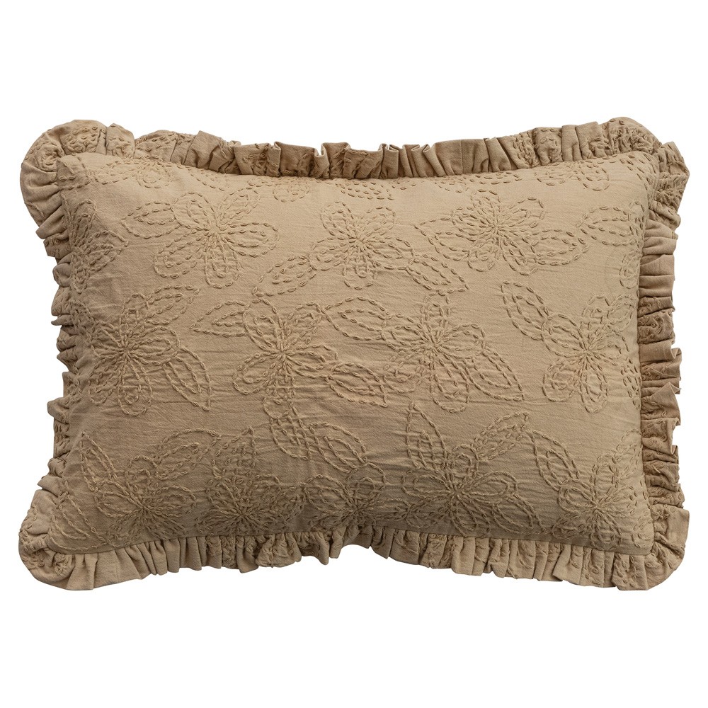 Jory Updated Traditional Beige Cotton Embroidered Floral Lumbar Pillow - 16x24|