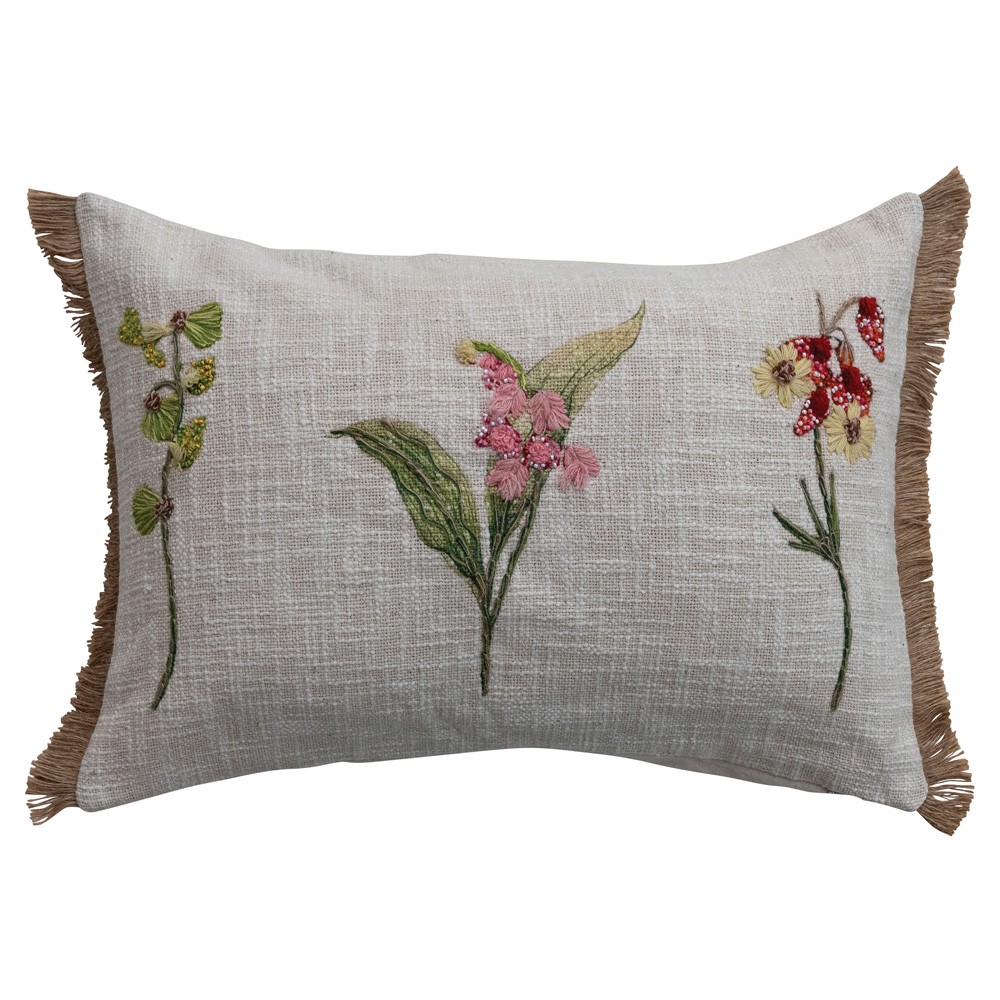 Carmont Updated Traditional Beige Embroidered Floral Lumbar Pillow - 14x20|