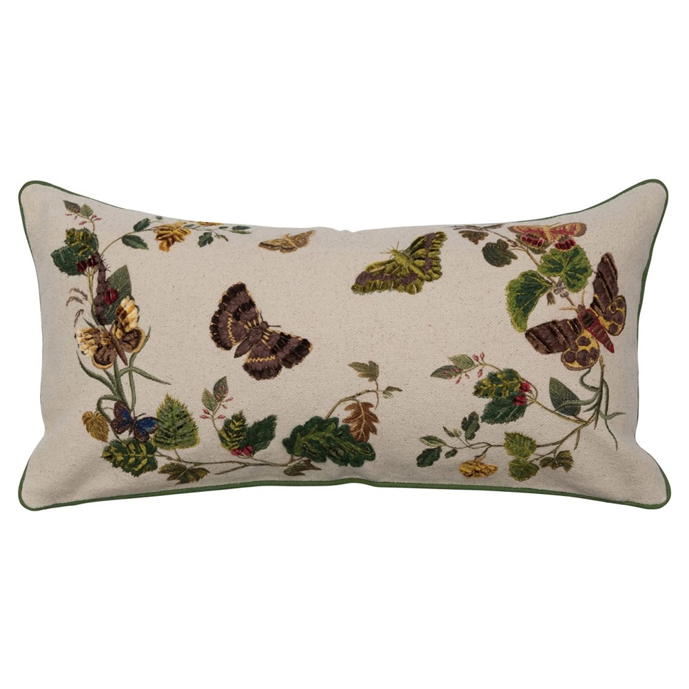 Roswell Traditional Beige Embroidered Butterfly Lumbar Pillow - 12x24|
