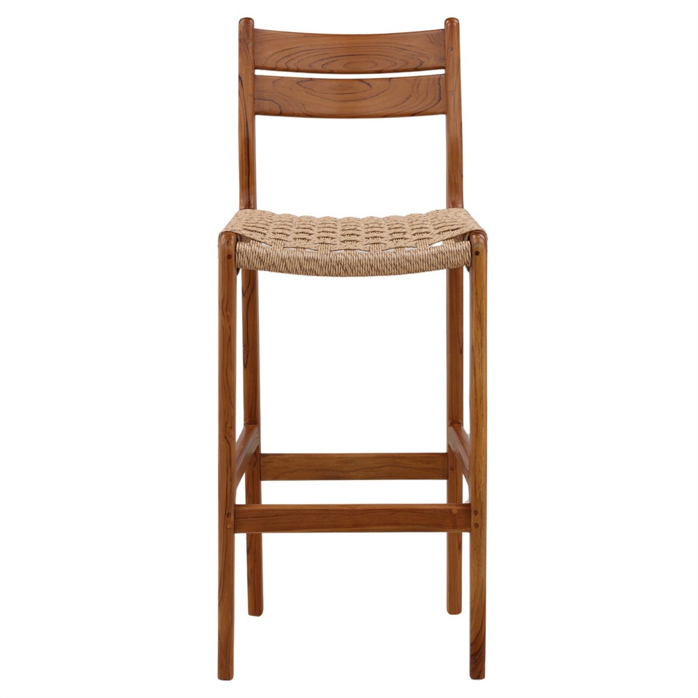 Daphnis Coastal Beach Natural Teak Wood Woven Outdoor Bar Stool|
