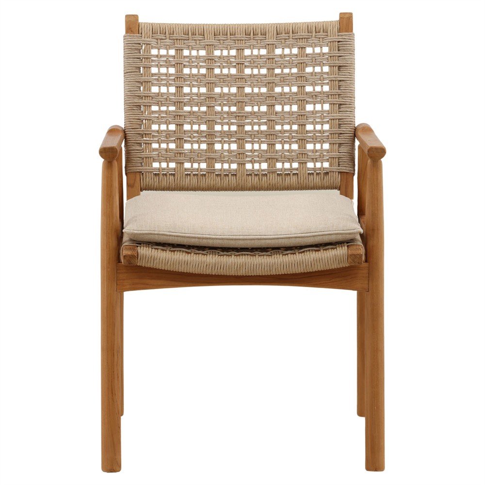 Loane Coastal Beach Sand Woven Wicker Natural Teak Outdoor Dining Arm Chair - Set of 2|