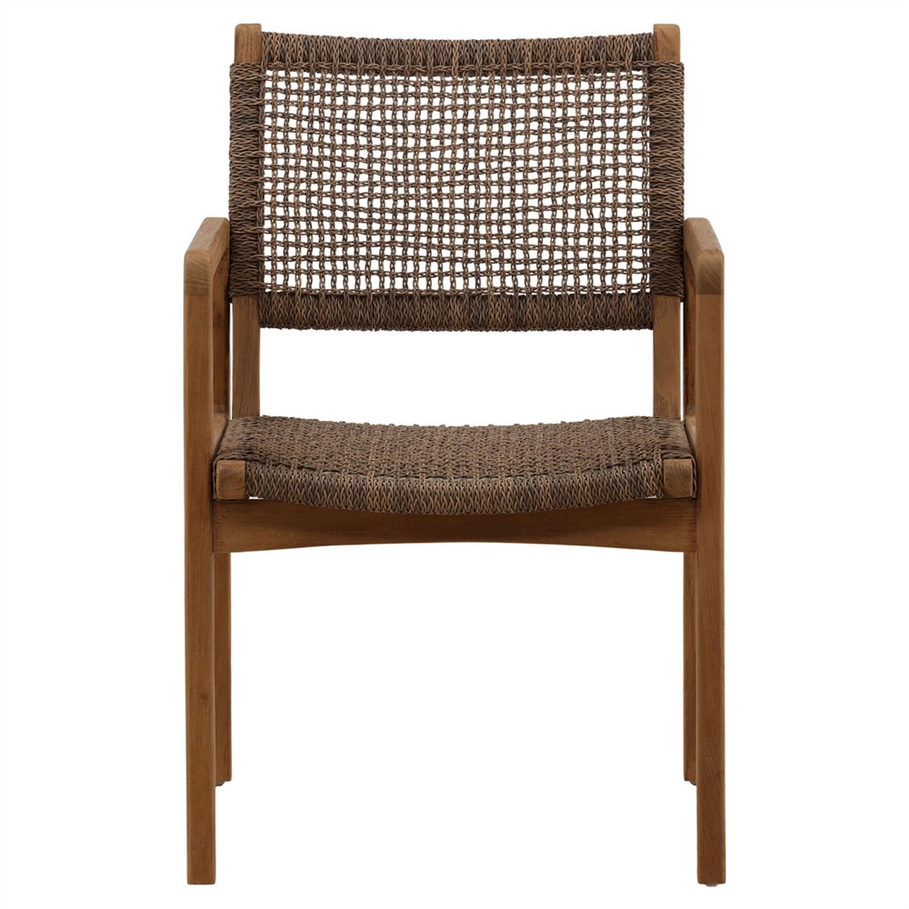 Amicie Dark Brown Woven Wicker Natural Teak Outdoor Dining Arm Chair - Set of 2|