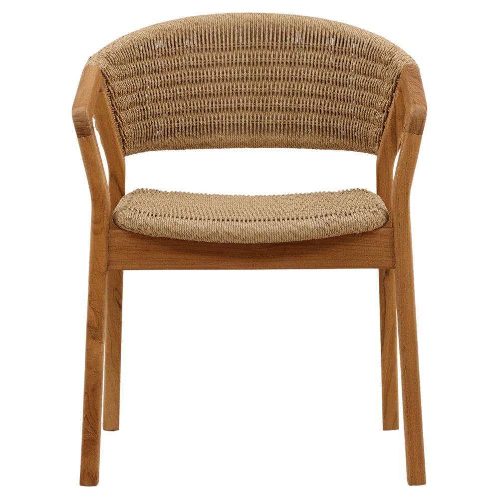 Eulalie Coastal Beach Natural Woven Wicker Teak Outdoor Dining Arm Chair|