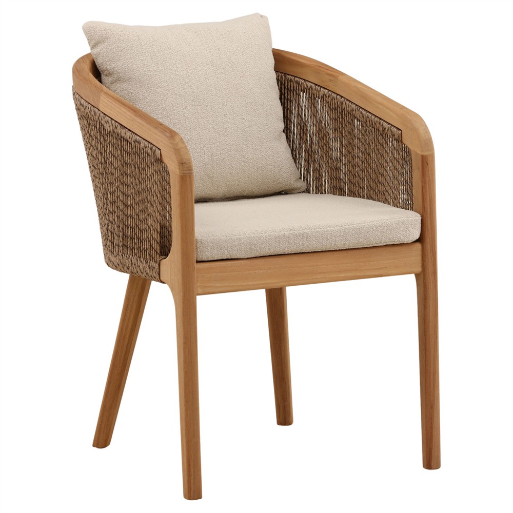 Herminia Coastal Sand Woven Natural Teak Outdoor Dining Arm Chair|
