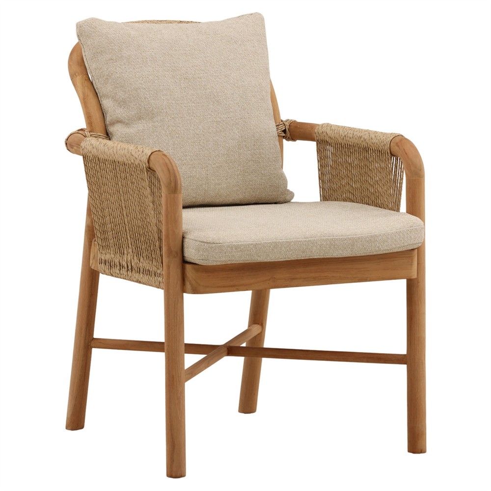 Noelie Coastal Beach Sand Woven Natural Teak Outdoor Dining Arm Chair|