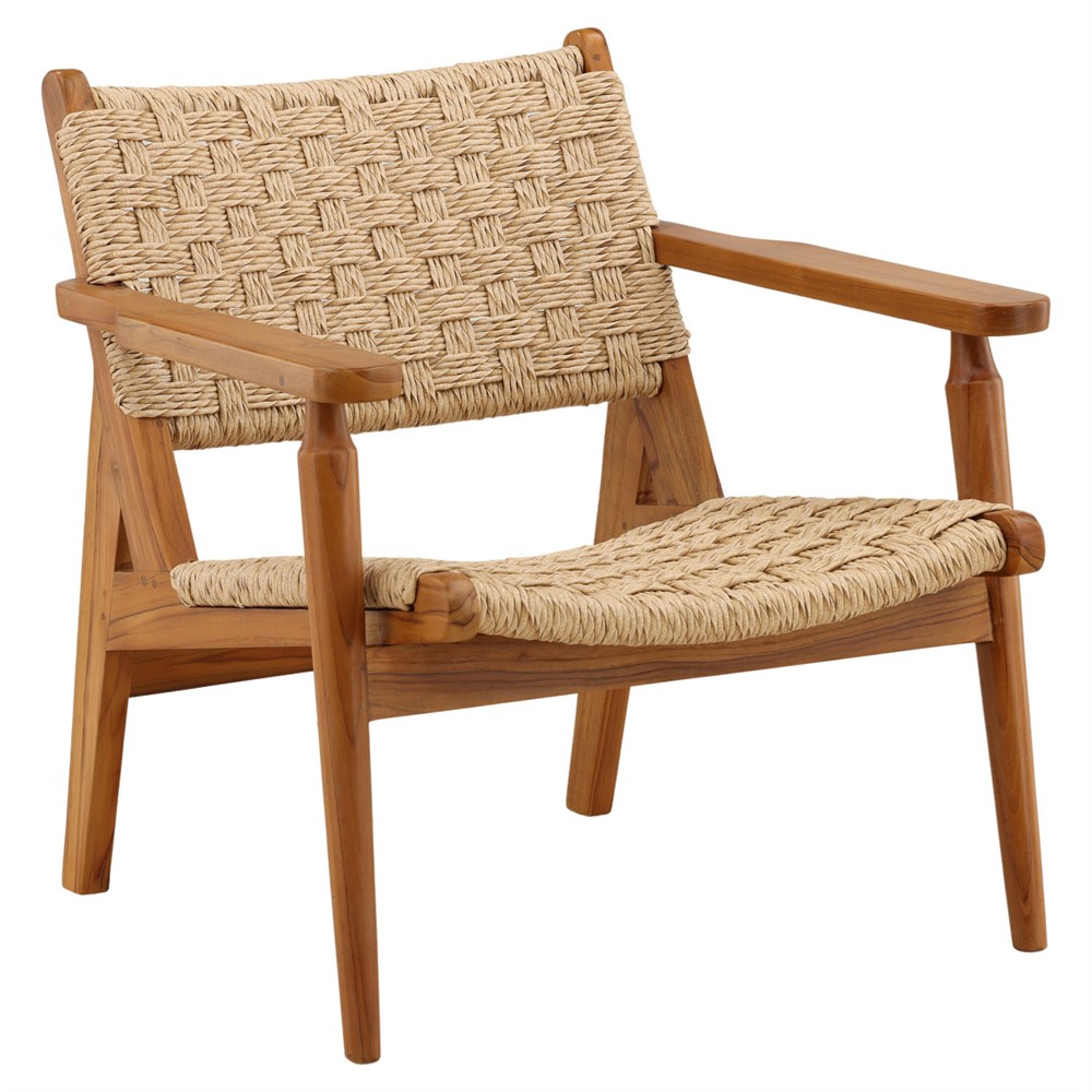 Evariste Coastal Beach Natural Teak Woven Rattan Outdoor Arm Chair|