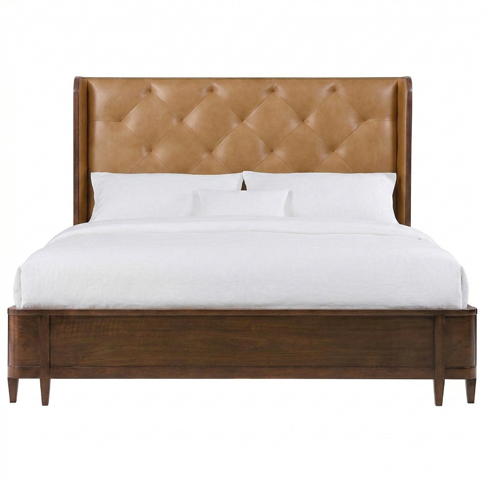 Alaine Rustic Lodge Brown Leather Walnut Wood Wingback Bed - Queen|