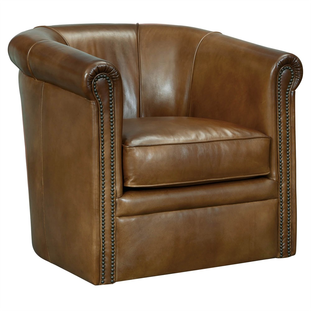 Tyler Updated Traditional Brown Leather Nailhead Trim Swivel Club Chair|