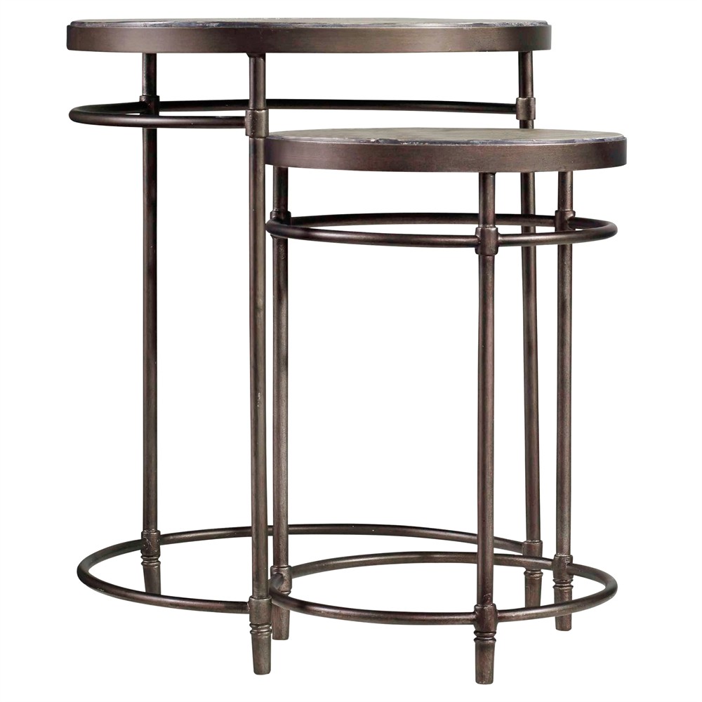 Lucienne Updated Traditional Natural Acacia Wood Bronze Nesting Tables|